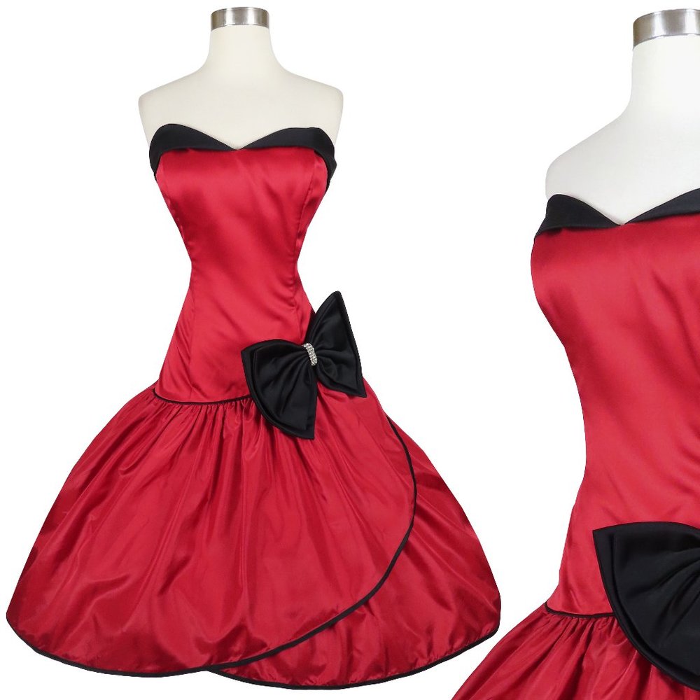 Vintage 80s 90s Red Black Strapless Big Bow Hi Lo Full Skirt Prom Party Dress M